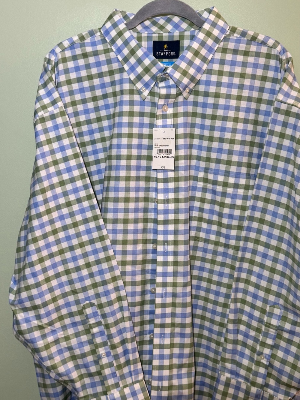 Stafford Big Men's 3X Long-Sleeve Check Shirt in Blue and Green